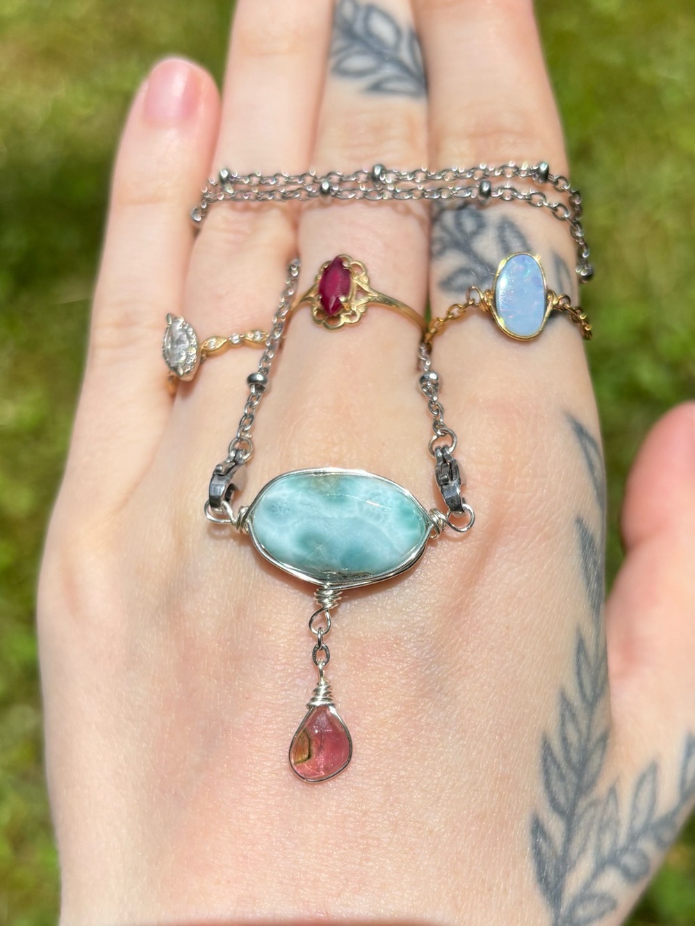 Larimar and tourmaline double dangle interchangeable necklace
